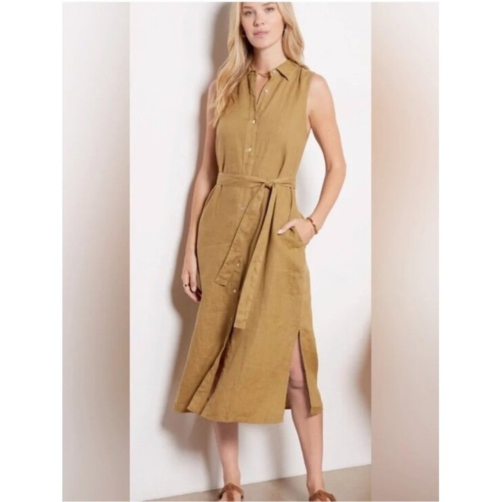 Faherty Women XL Mustard Tan 100% Linen Sleeveless Belted Midi Shirt Dress